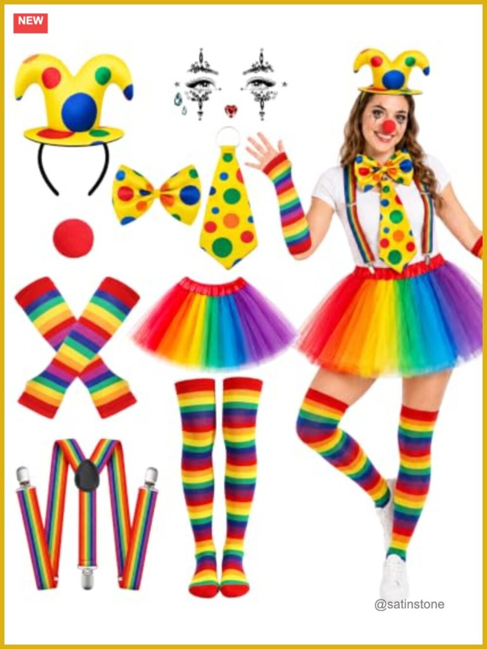 Women's Complete Clown Costume Set 9Pc Rainbow Tutu Dress Accessories Halloween